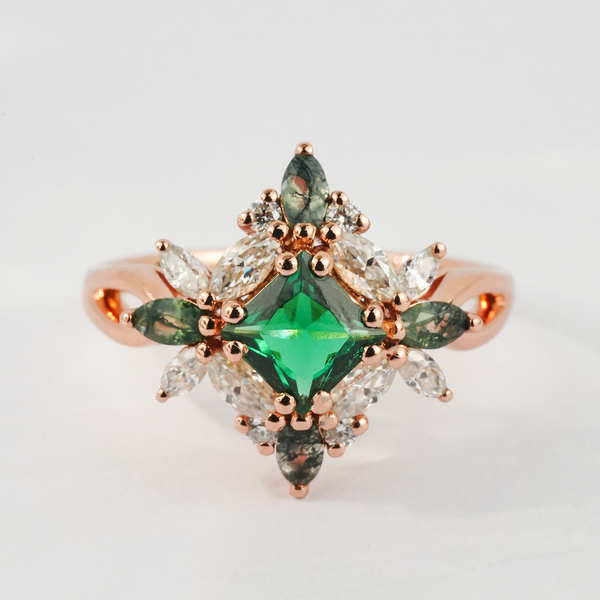"Eden's Arteries"-Princess Cut Lab Emerald Moss Agate And Moissanite Gold Ring