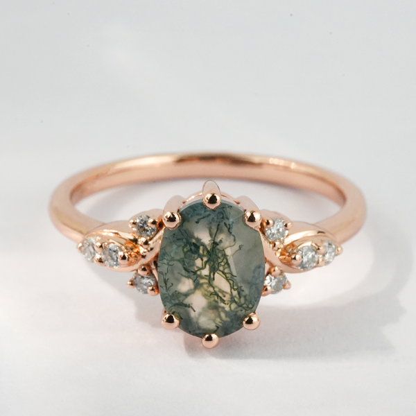 ”Botanical Labyrinth“-Oval Moss Agate Ring Nature-Inspired Design with Moissanite