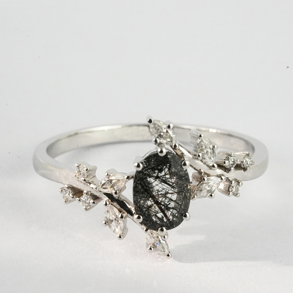 “Dendritic Prison”-Oval Black Rutilated Quartz White Gold Leaf Ring with Diamonds, Engagement Ring