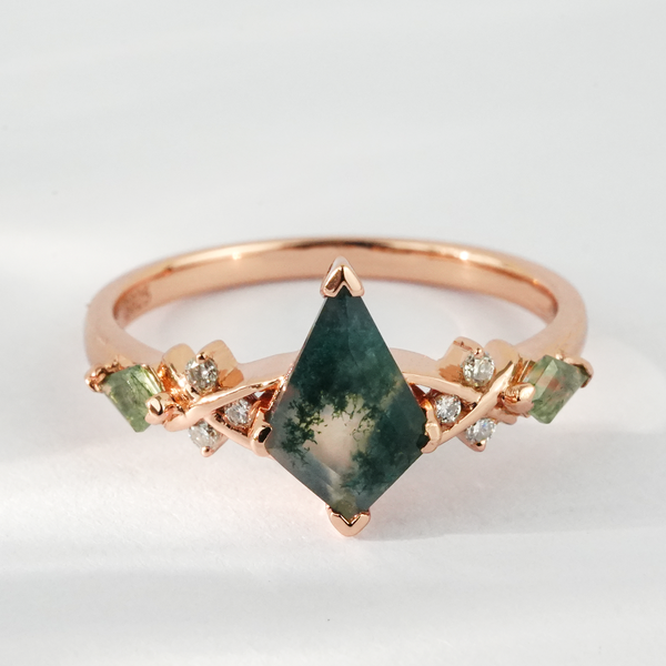 “Celestial Greenhouse”-Kite Cut Moss Agate Leaf Ring With Moissanite