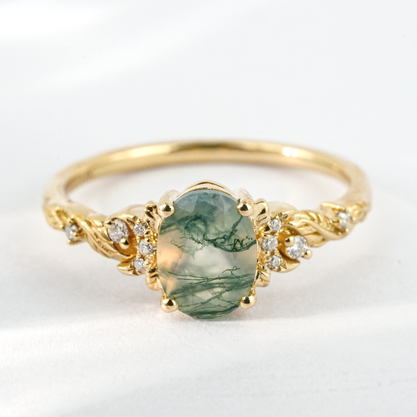 “Gilded Symbiosis”-Oval Moss Agate Leaf Ring With Moissanite