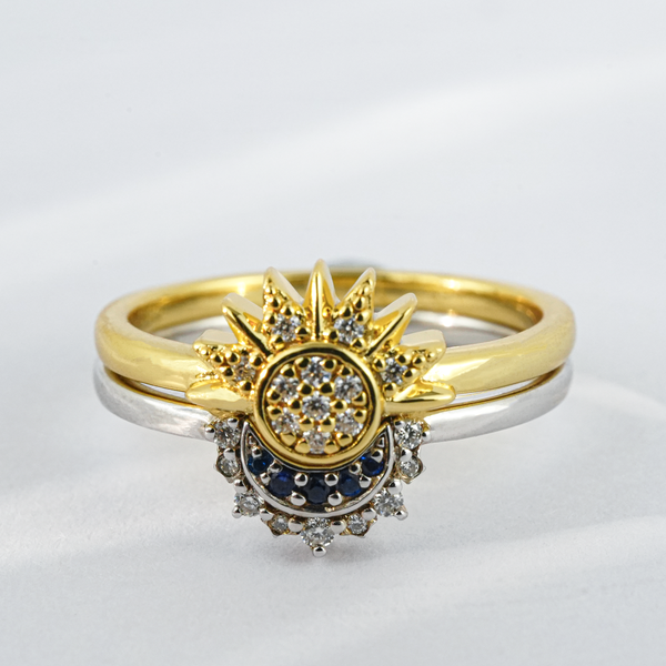 ”Cosmic Equilibrium“-Creative Sun&Moon Moissanite and Lab Sapphire Couple Ring Set