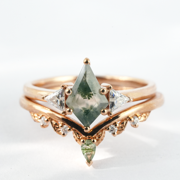 "Verdant Cryptex"-Kite Cut Moss Agate with Unique Leaf Texture Engagement Ring Set Nature Inspired Design