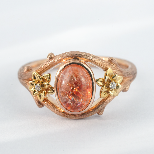 “Scientific Poetry”-Handmade Sunstone Texture Gold Leaf Ring Engagement Ring