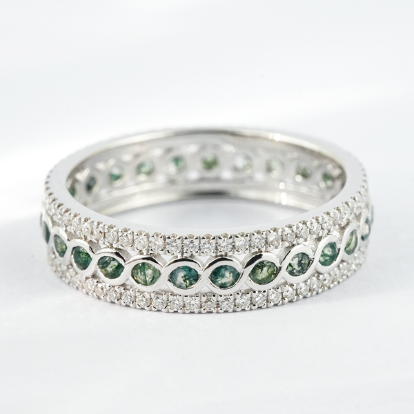“Verdant Constellation”-Vintage Unique Moss Agate Eternity White Gold Ring with Moissanite