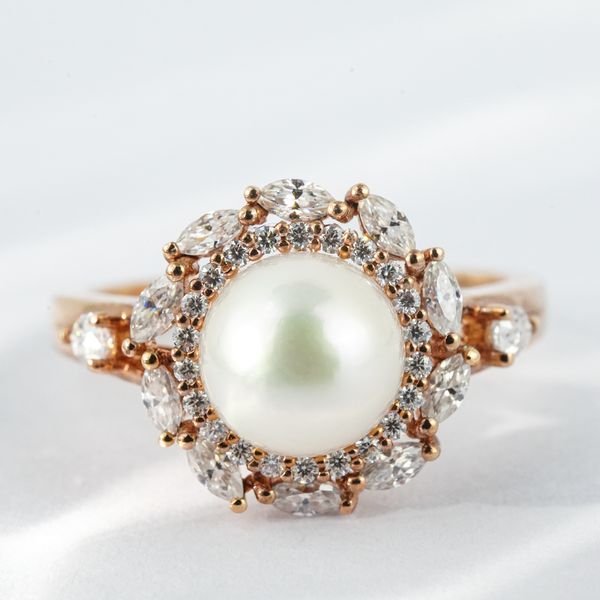 “Lunar Nacre”-Vintage Pearl Engagement Ring Moissanite