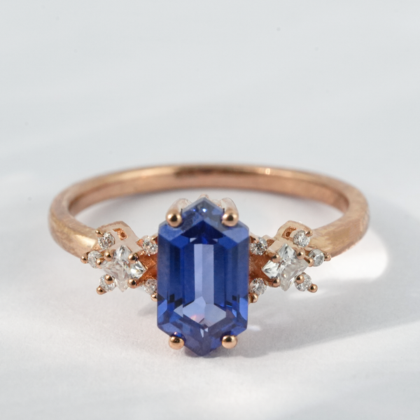 “Quantum Abyss”-Long Hexagonal Lab Sapphire Ring with Moissanite