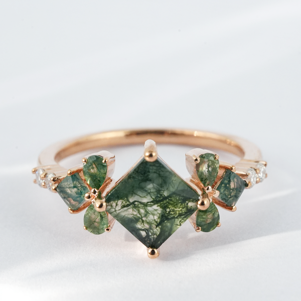 “Celestial Fern”-Princess Cut Moss Agate Ring Engagement Ring With Moissanite