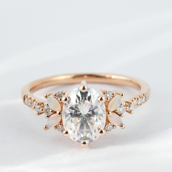 "Auricle"-Moissanite and Natural Oval Opal Engagement Ring