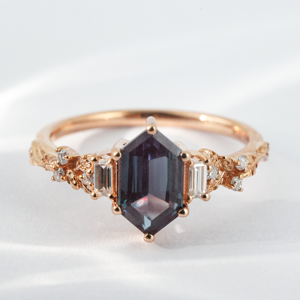 “Alexandrian Vector”-Long Hexagonal Lab Alexandrite Leaf Gold Engagement Ring