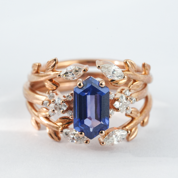 “Midnight Galaxy”-Long Hexagonal Lab Sapphire Ring with Moissanite Leaf Gold Engagement Ring Set