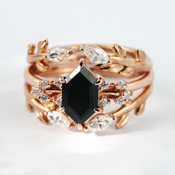 “Obsidian Fortress”-Long Hexagon Black Onyx with Moissanite Leaf Gold Engagement Ring Set