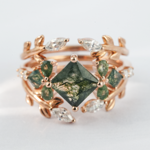 “Chloris' Touch ”-Princess Cut Moss Agate with Moissanite Leaf Gold Ring Set