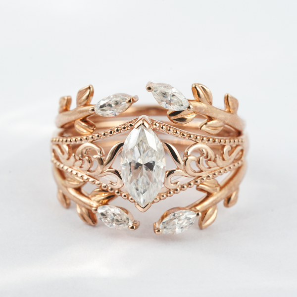 “Monarch's Cipher”-Luxury Hollow Marquise Moissanite  Engagement Wedding Ring Set