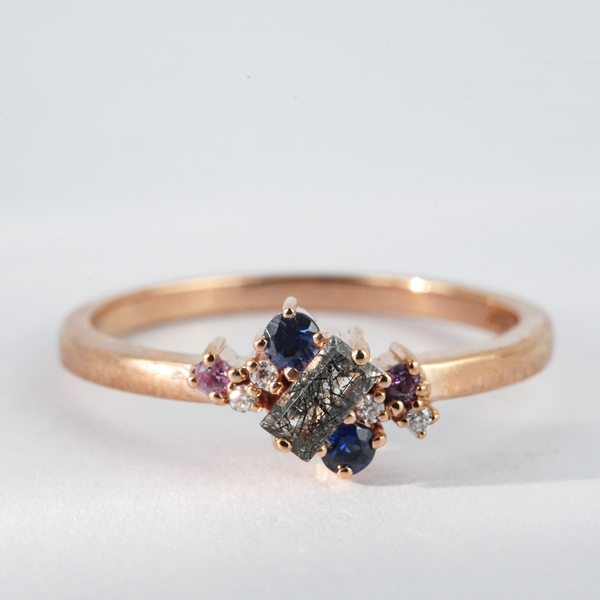 “Void’s Lace”-Rectangular cut Black Rutilated Quartz with Various Gemstones Ring