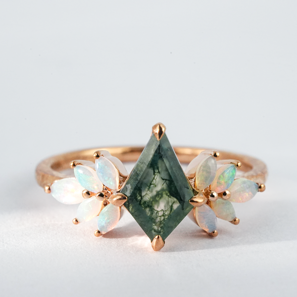 “Boreal Tapestry"-Kite-shaped Moss Agate And Opal Gold Ring