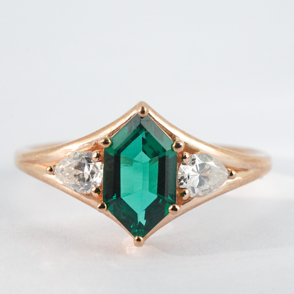 "Viridian Covenant"-Long Hexagon Lab Emerald and Moissanite Engagement Gold Ring