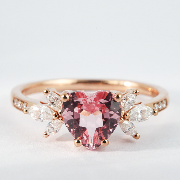 “Pink Heartbeat”-Heart-Shaped Lab Padparadscha Butterfly Ring with Moissanite