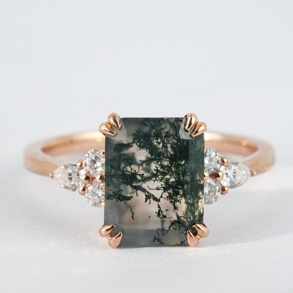"Petrified Dawn"-Classic Square Moss Agate Gold Engagement Ring With Moissanite