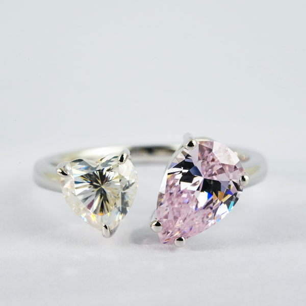 "Cupid's Blush"-Heart Shaped Pear Two Stone Open Ring