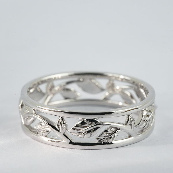 "Celestial Filigree"-White Gold Nature-inspired Leaf Engagement Band Floarl Band