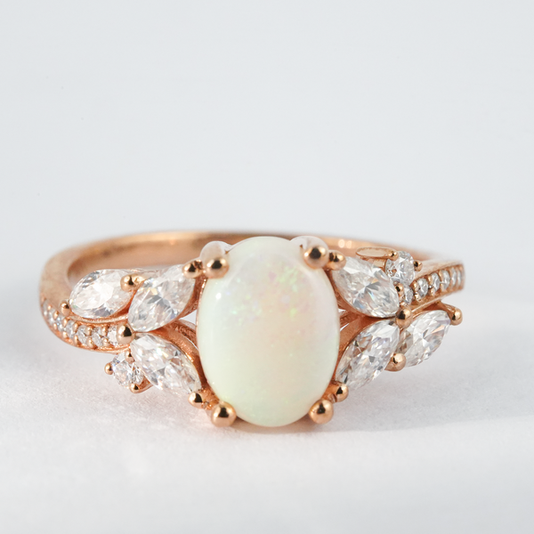 “Galaxy’s Veil”-Natural Oval Opal and Moissanite Engagement Ring