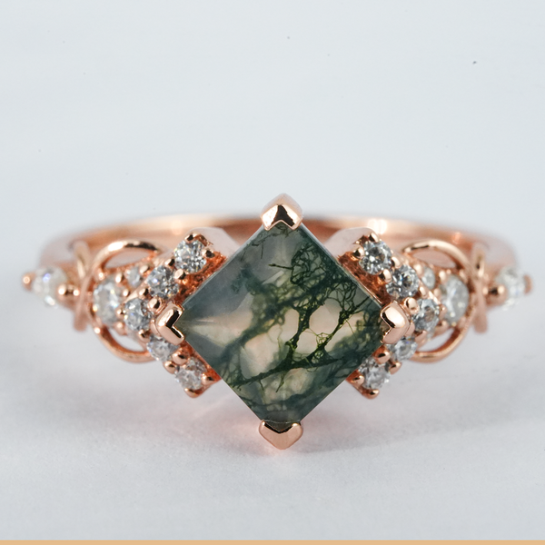 “Mossé Royale”-Princess Moss Agate Engagement Ring with Moissanite